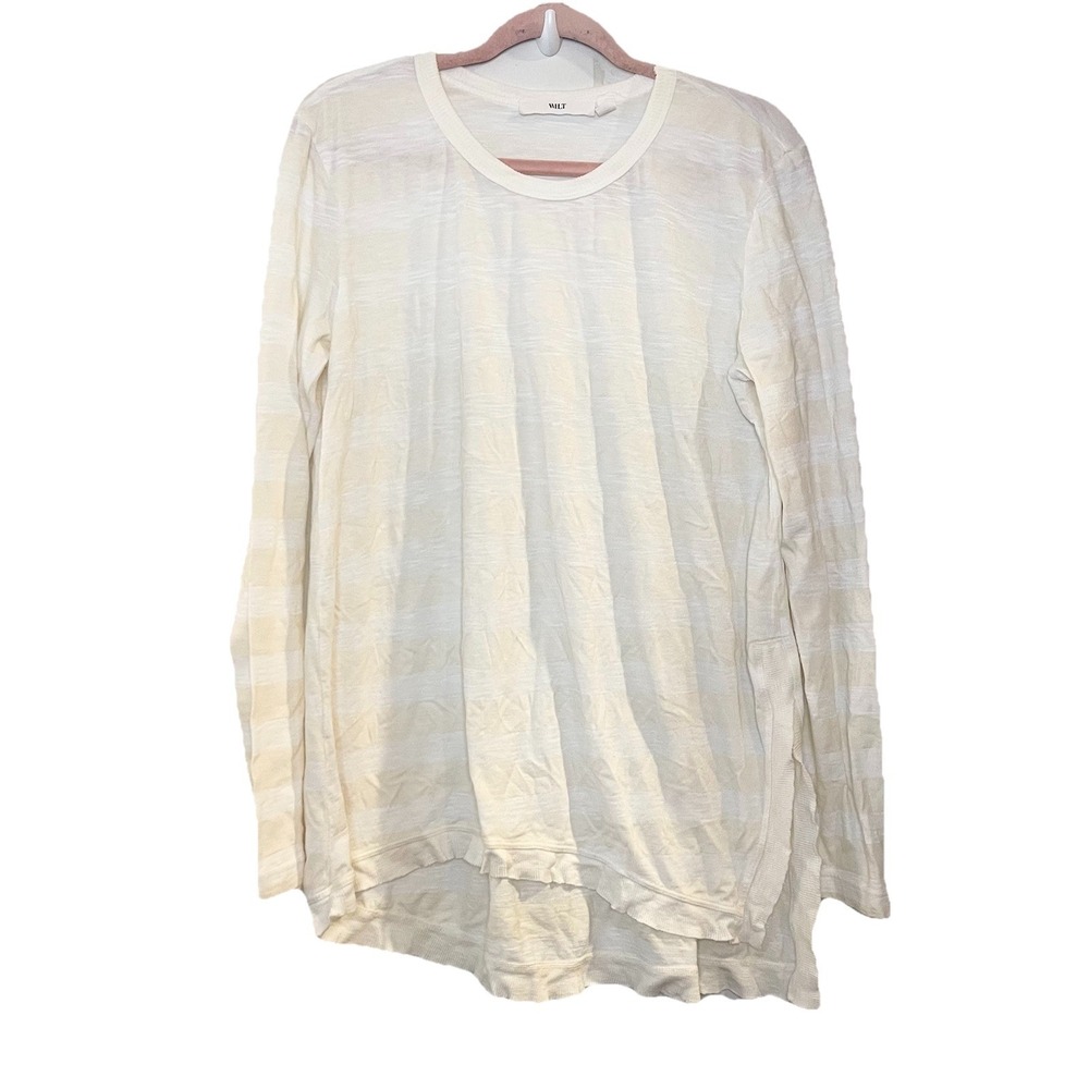 Wilt Yellow White Crewneck Long Sleeve Triped Trapeze T-Shirt Top Raw Hem Tunic
